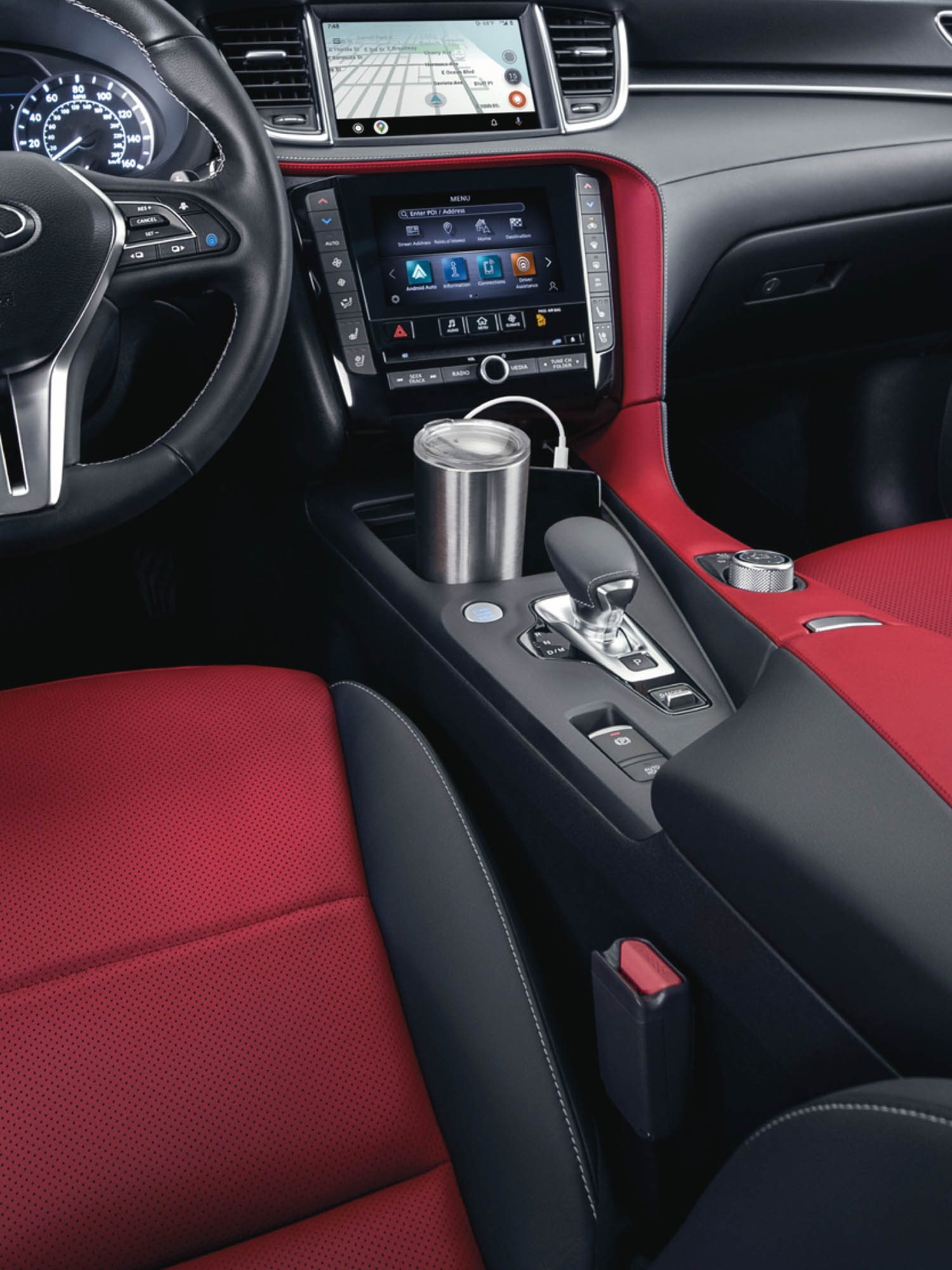 Luxurious black and red interior in the 2022 INFINITI QX55 crossover