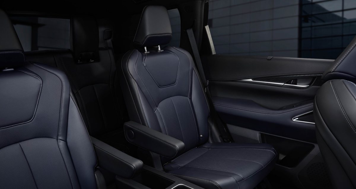 Second-row captain’s chair in new INFINITI QX60 with Dusk Blue leather and premium stitching