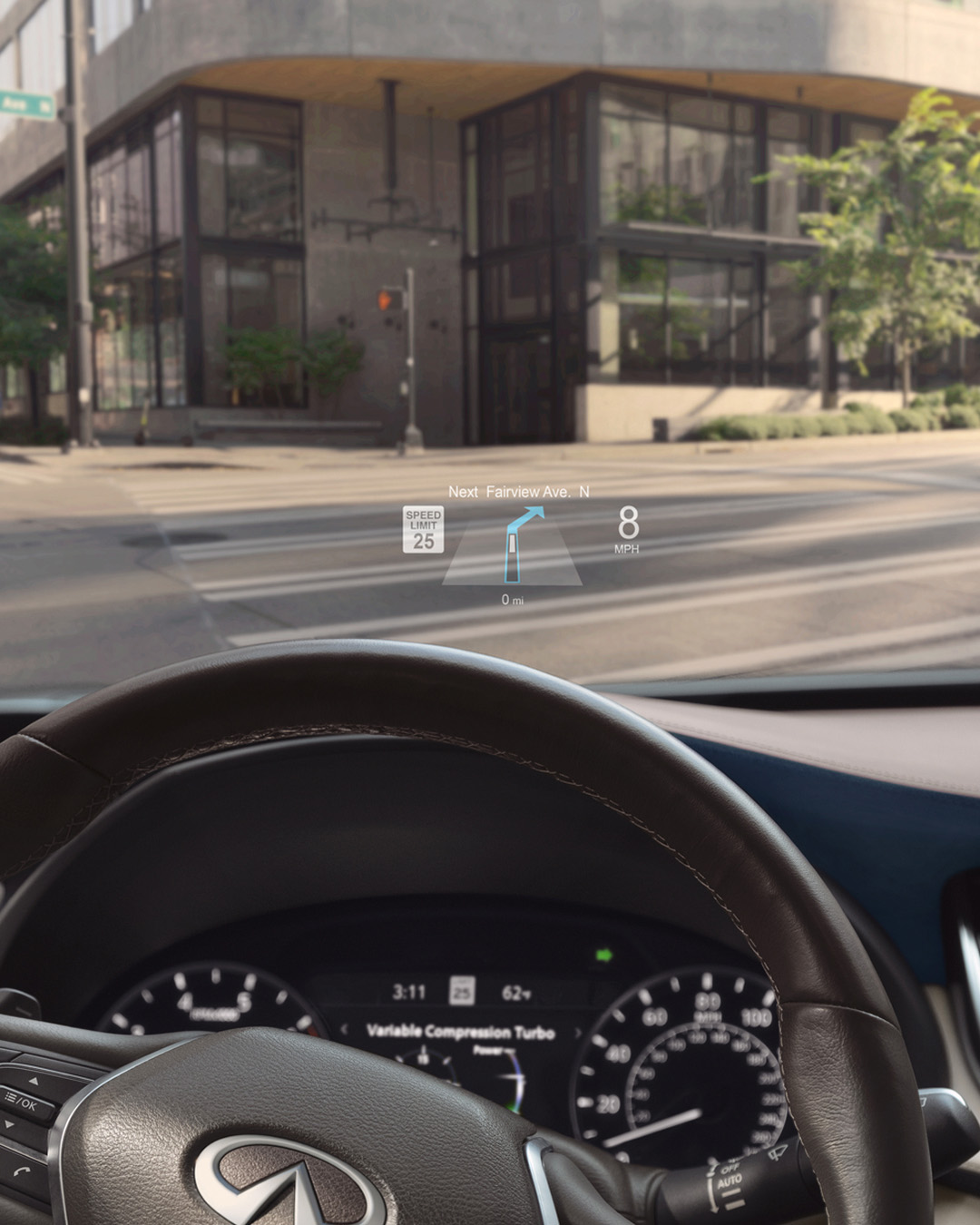 2025 INFINITI QX50 Head-Up Display showing real-time driving data and navigation
