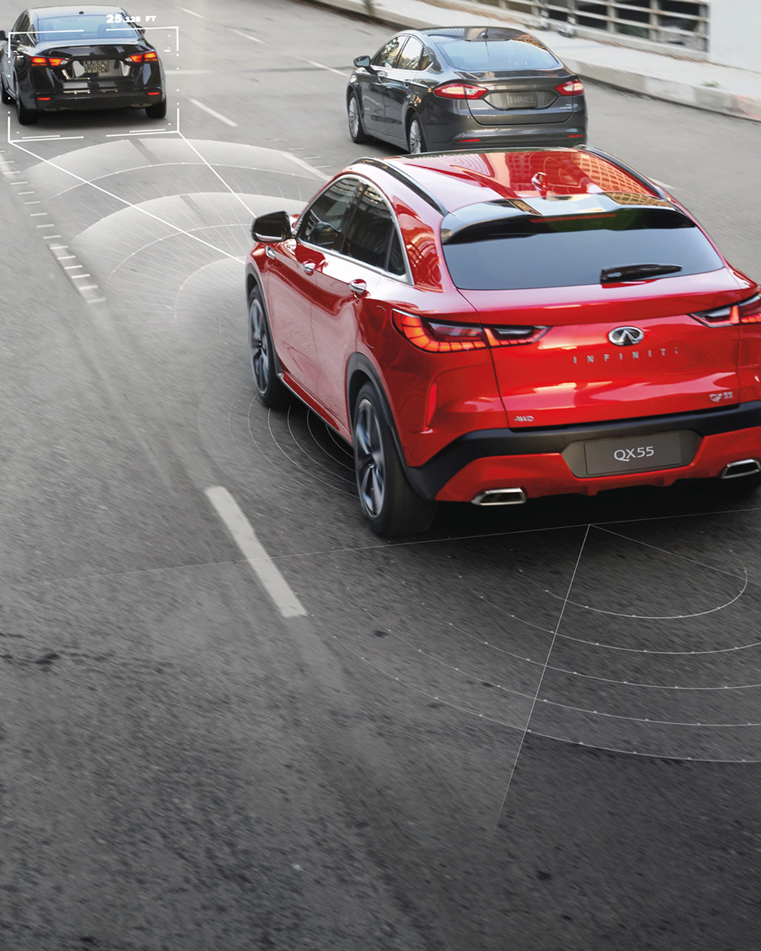 Rear view of QX55 using Forward Collision Warning