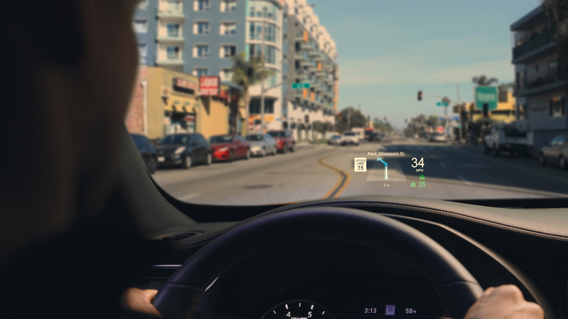 Head-up display showing speed and navigation in QX55