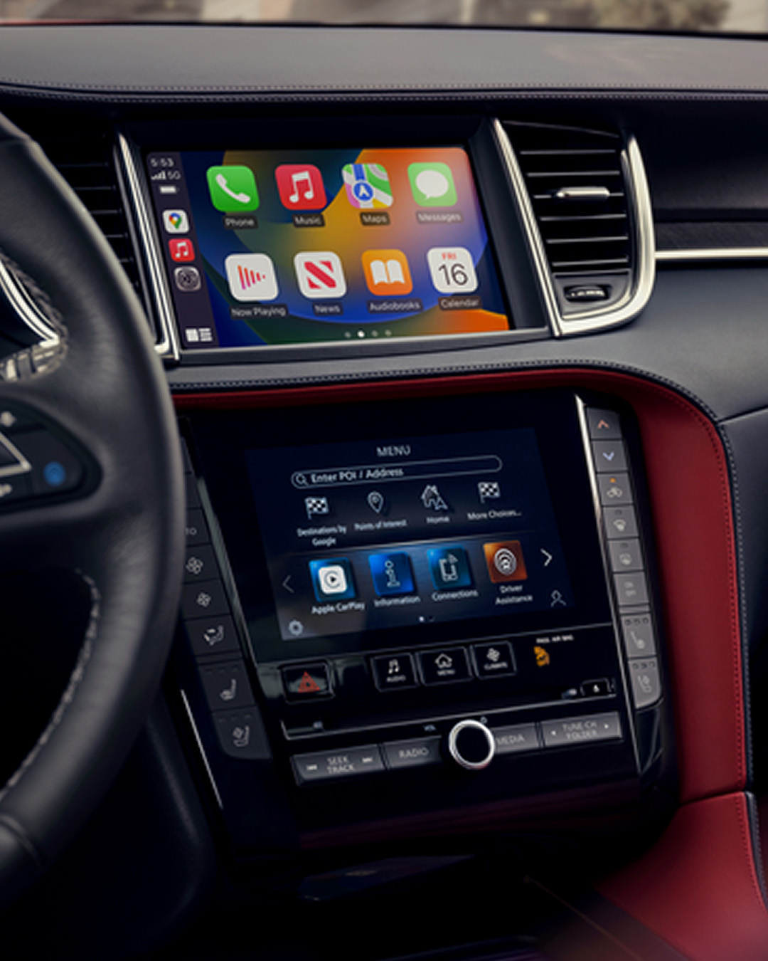 INFINITI InTouch infotainment screen with Apple CarPlay and Android Auto