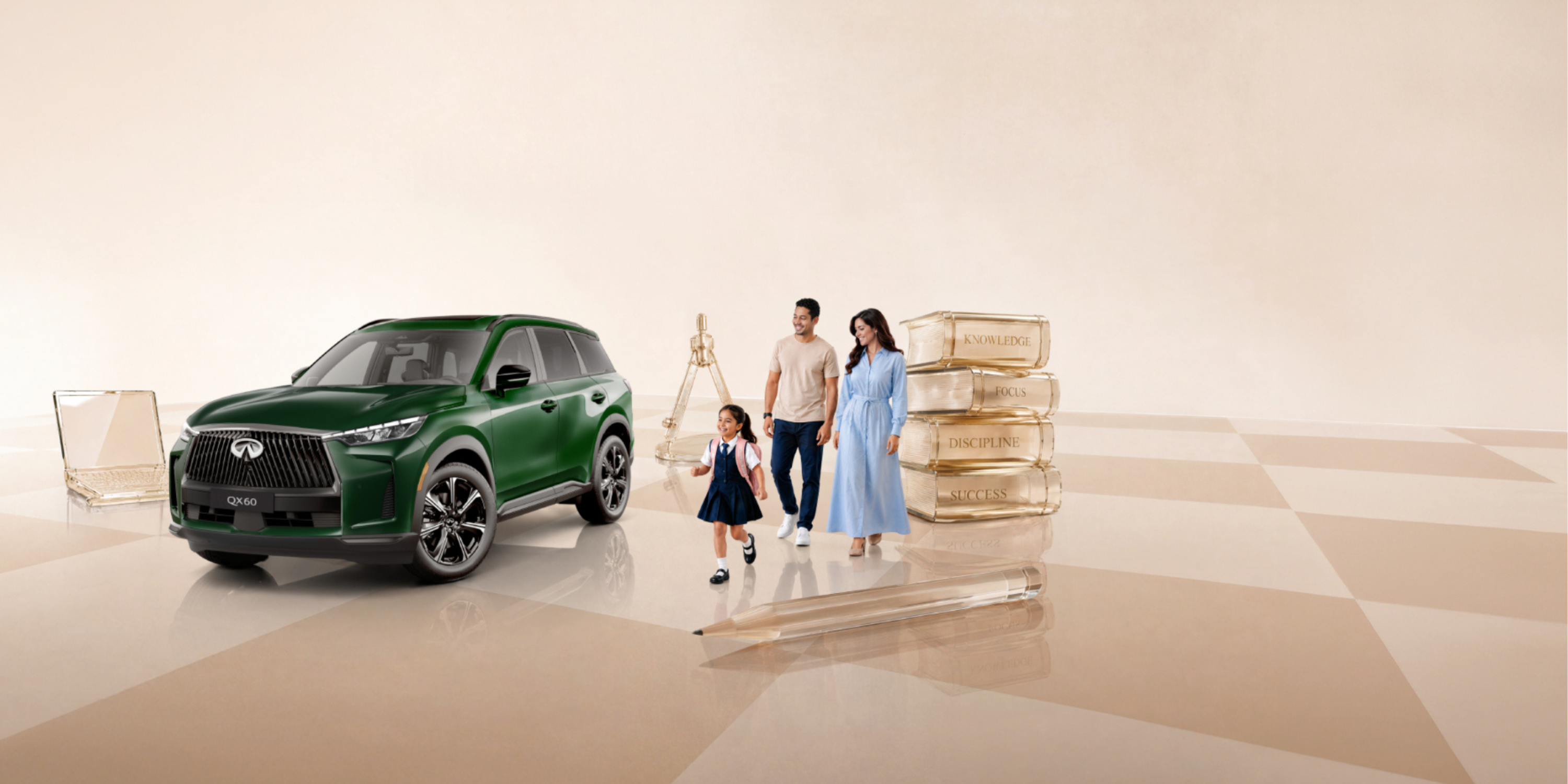 2026 INFINITI QX60 in Deep Emerald Green parked near a theater entrance at dusk, family walking toward building