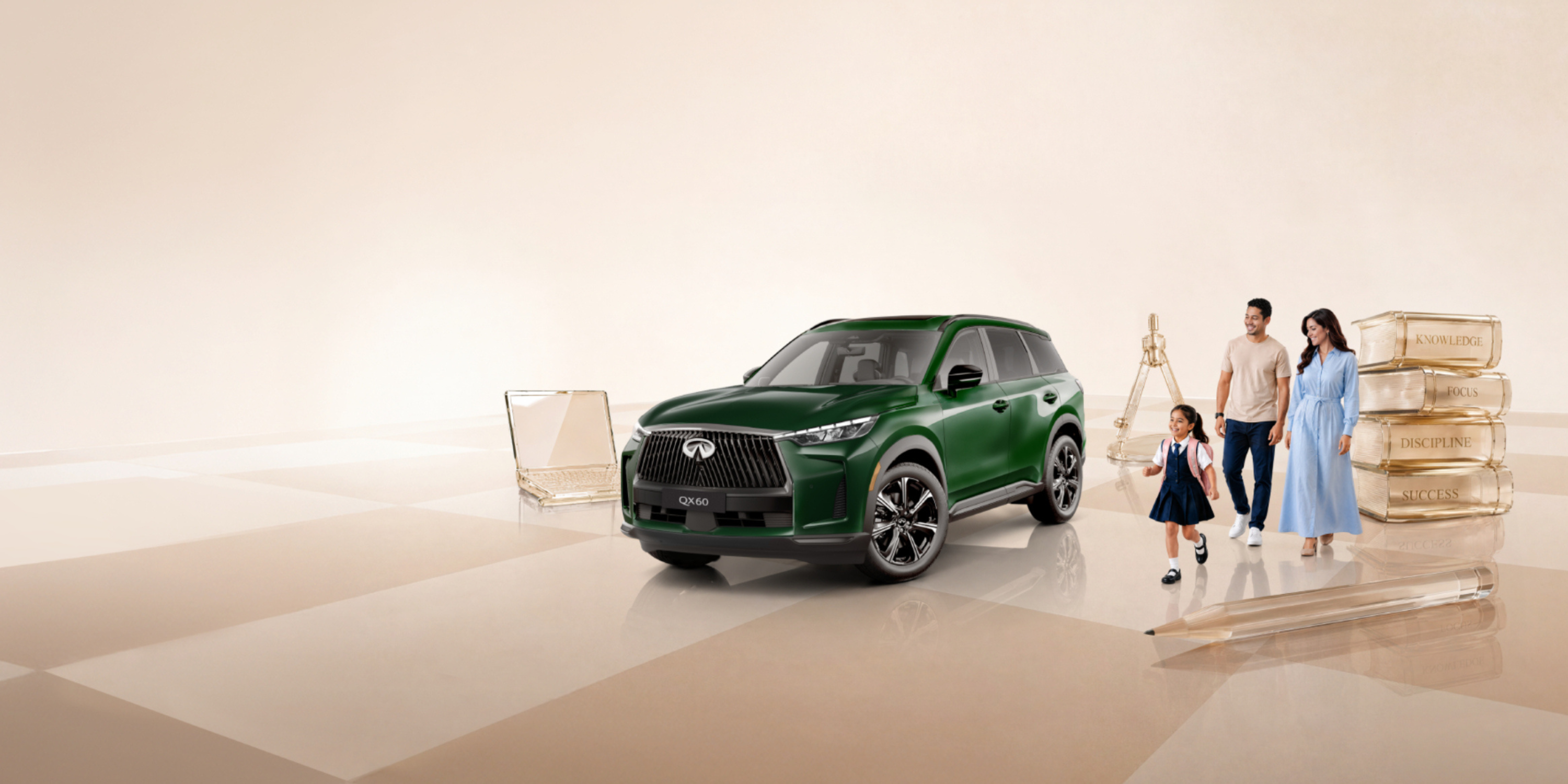 2026 INFINITI QX60 in Deep Emerald Green parked near a theater entrance at dusk, family walking toward building
