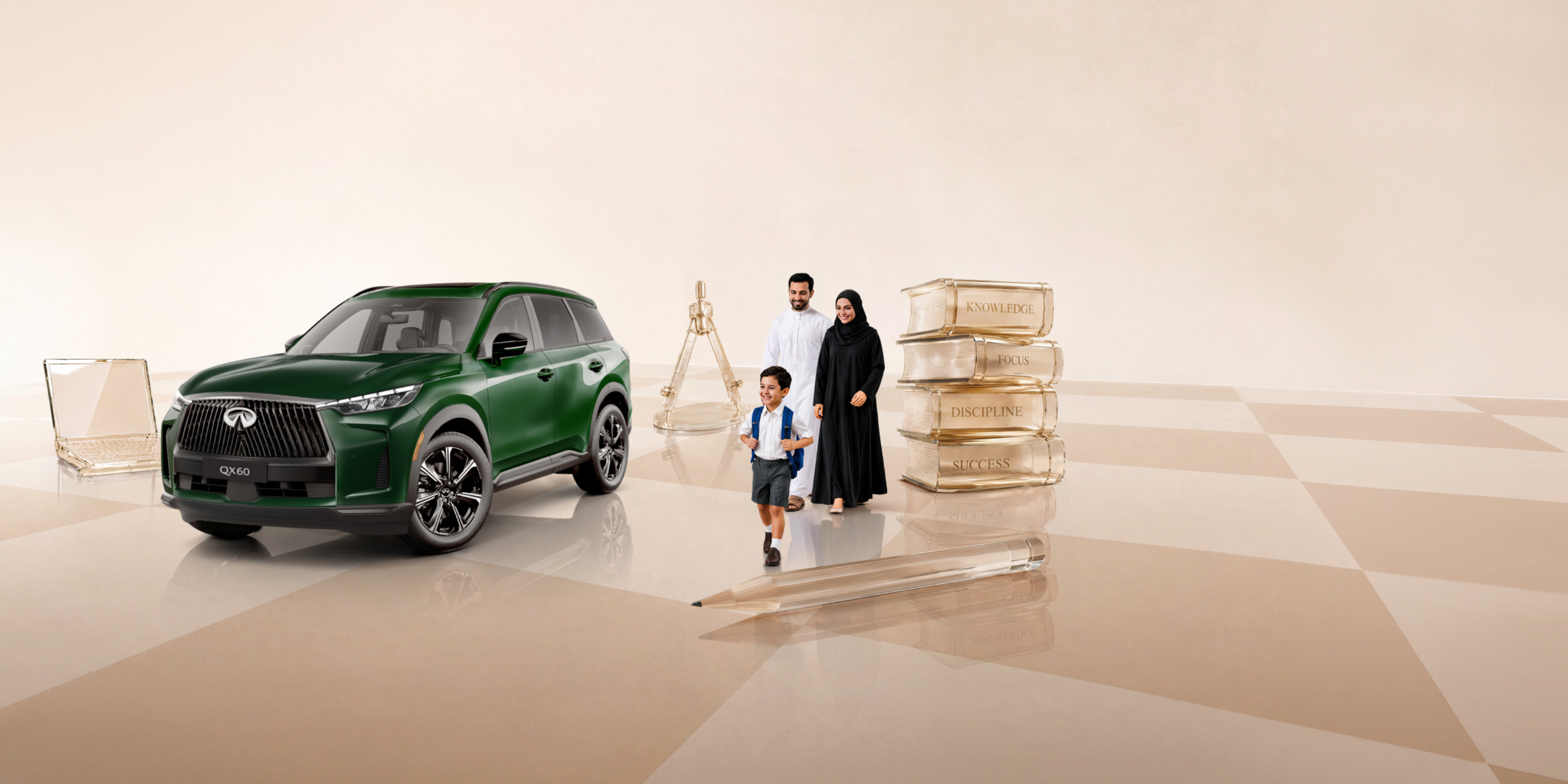 2026 INFINITI QX60 in Deep Emerald Green parked near a theater entrance at dusk, family walking toward building
