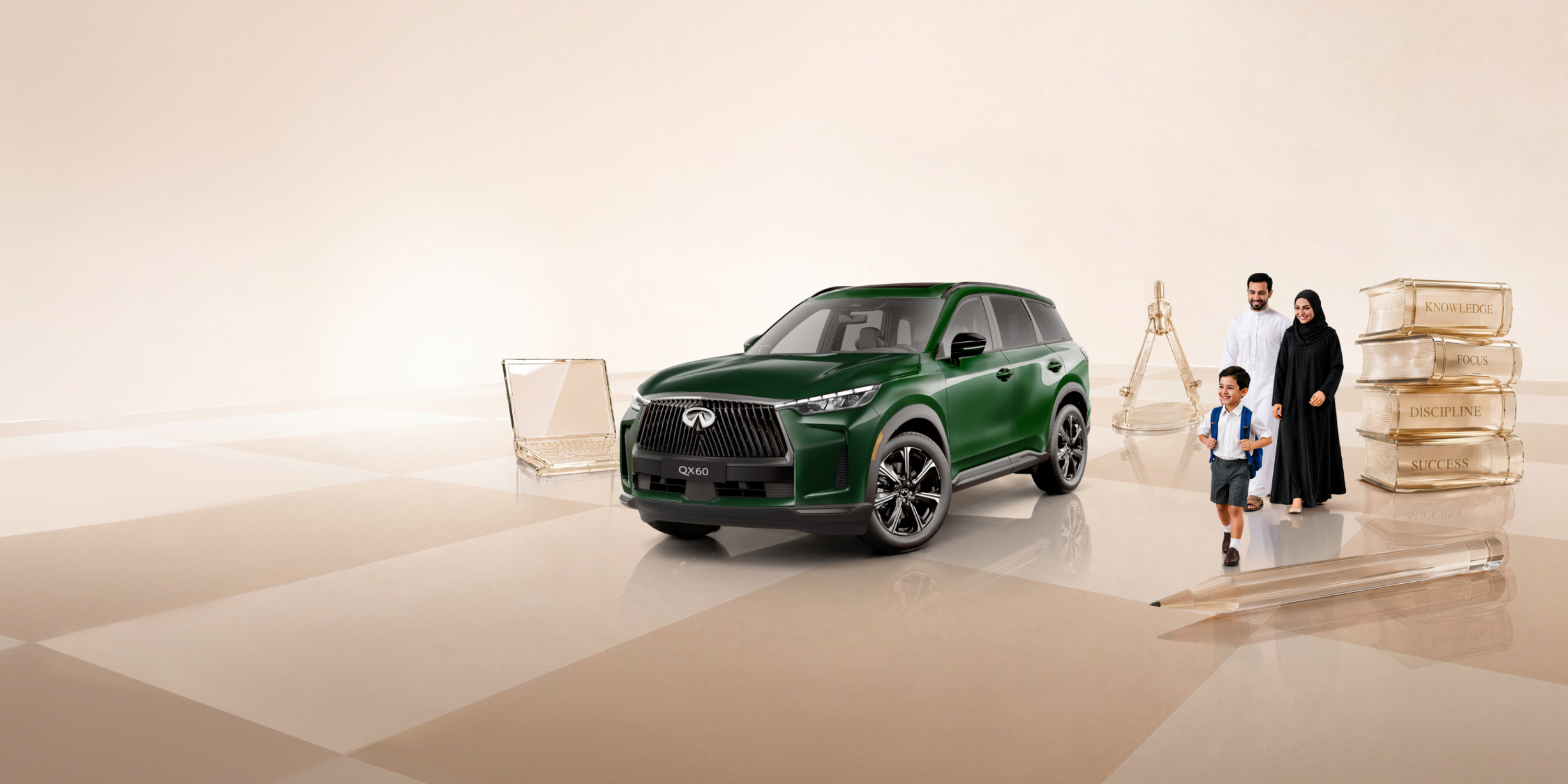 2026 INFINITI QX60 in Deep Emerald Green parked near a theater entrance at dusk, family walking toward building