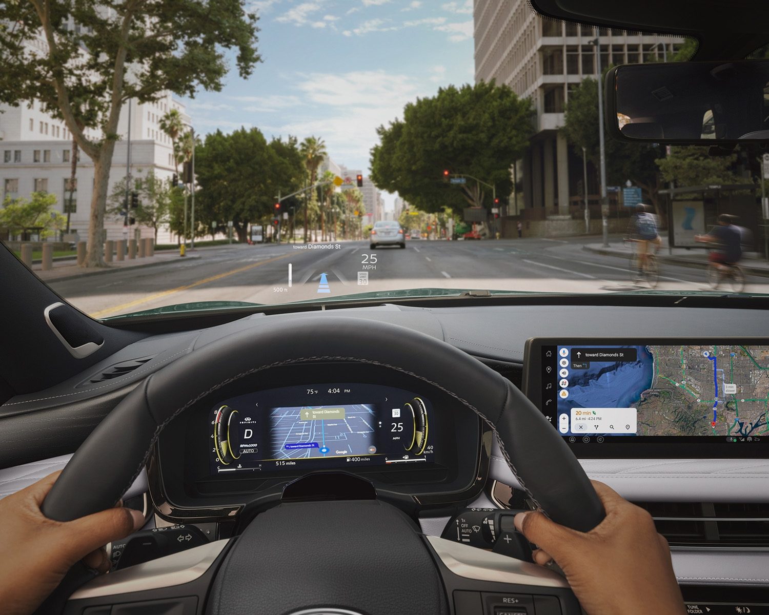Driver’s view of INFINITI QX60 dashboard, HUD, and touchscreen showing GPS and digital cluster