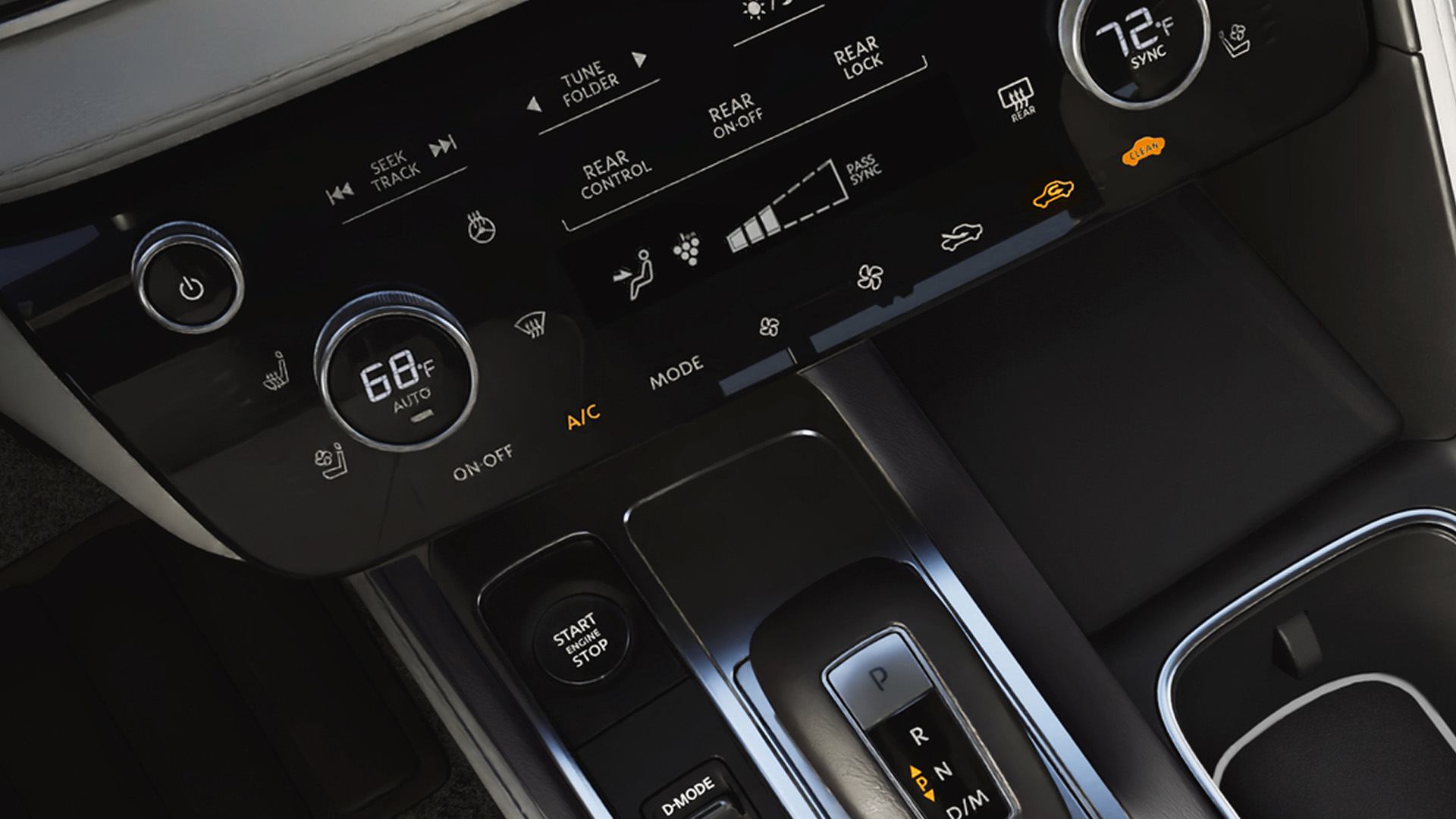 Climate control center with digital readouts and dual-zone temperature dials