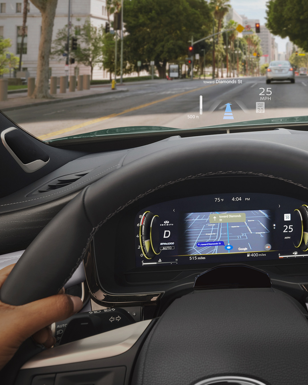 Driver view through windshield showing projected Head-Up Display with speed and navigation