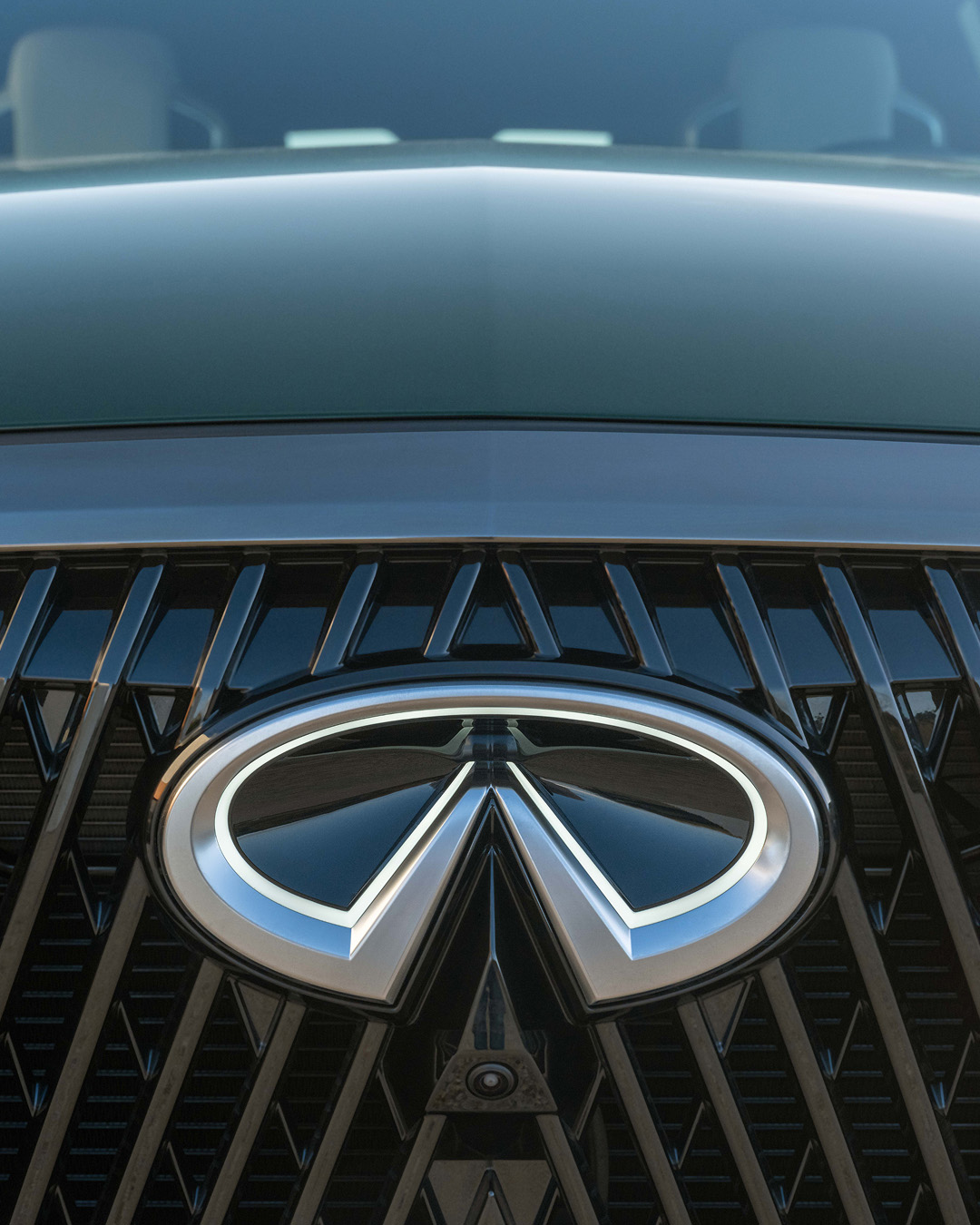 Close-up of INFINITI car grille with lighting reflection