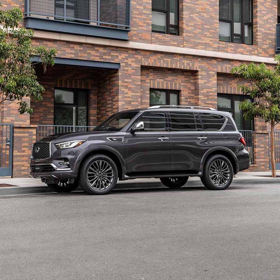 Close-up view of a 2023 INFINITI brown leather seat stitching