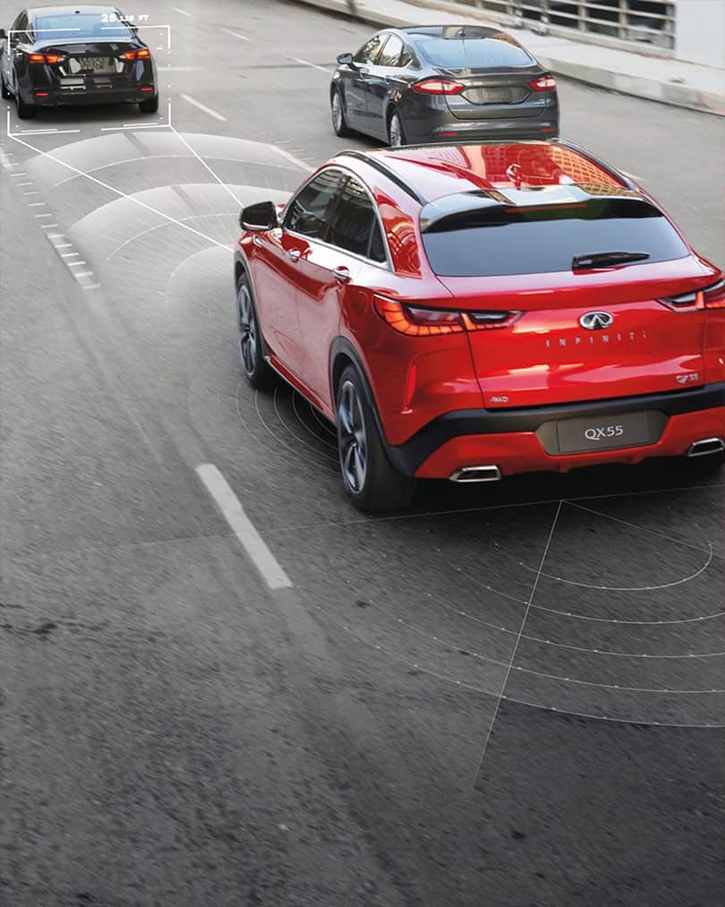 מבט מאחור עלf QX55 המשתמש בהתראת התנגשות מלפנים