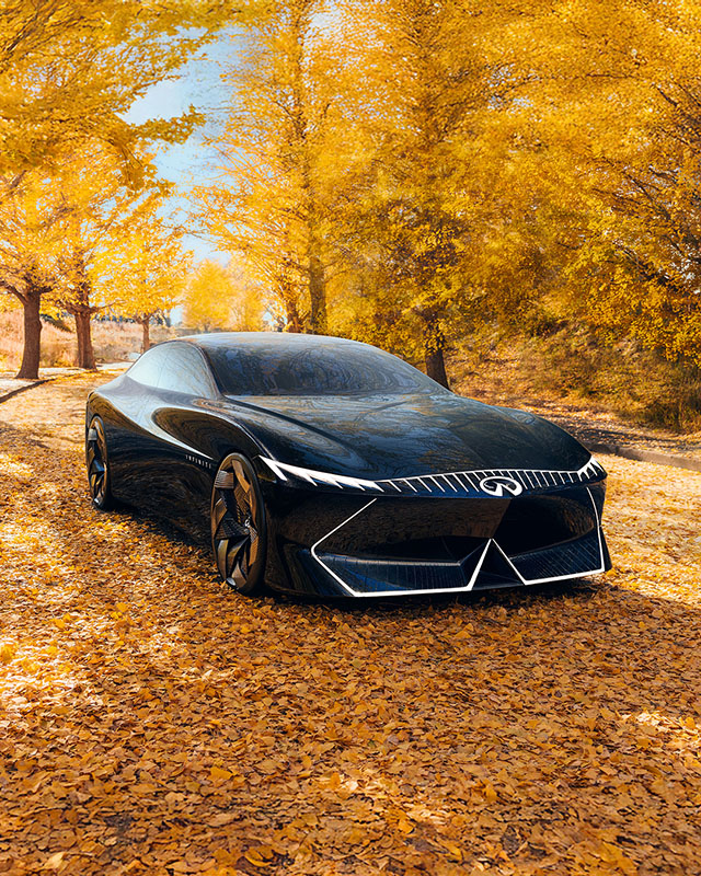 INFINITI vision Qe electric concept car parked in autumn forest