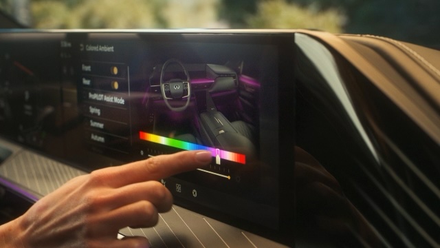 Video displaying customizable ambient lighting controls in an INFINITI car's advanced touchscreen interface