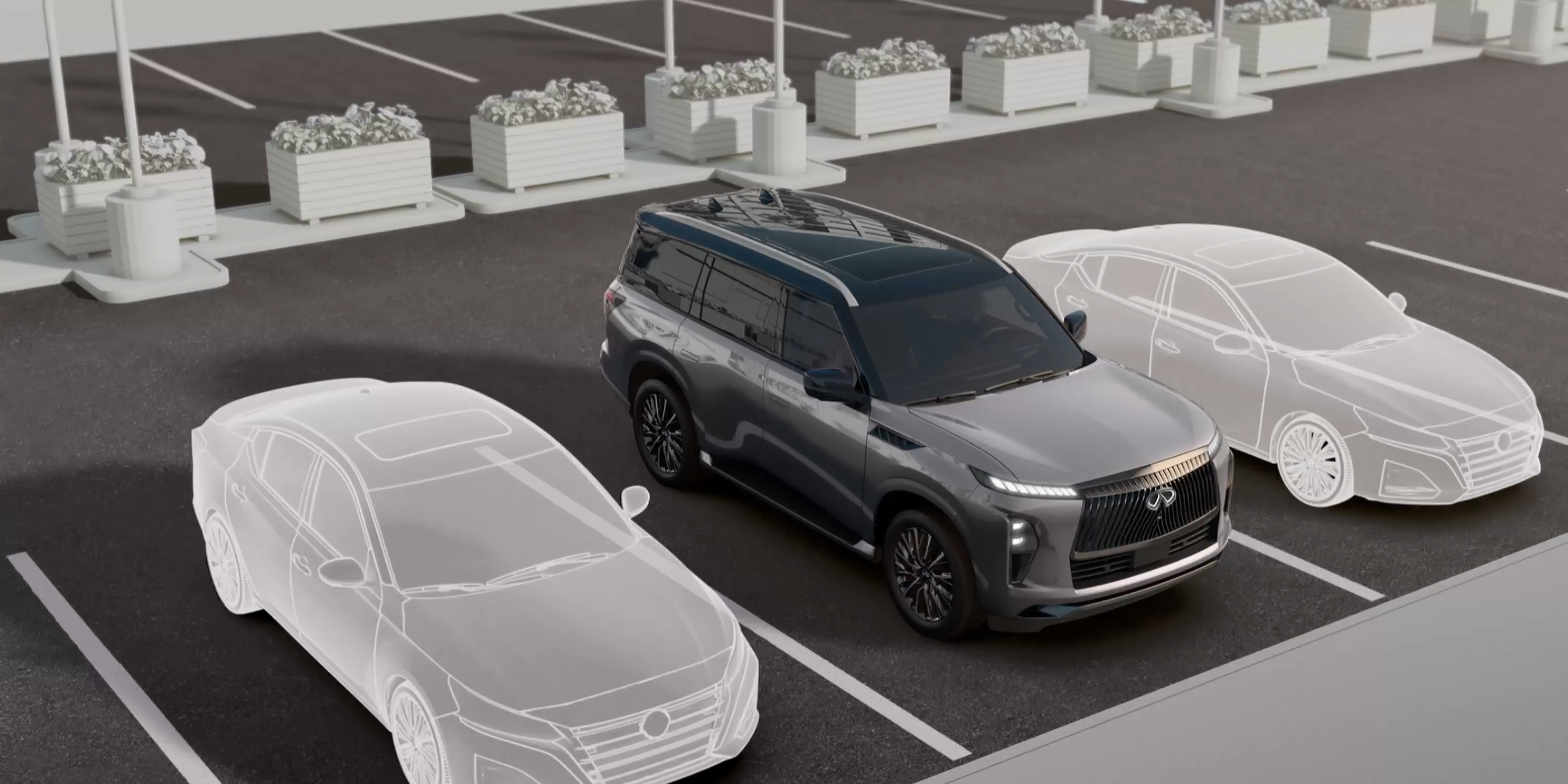 Video showcasing the Around View Monitor assisting with precise parking in an INFINITI car