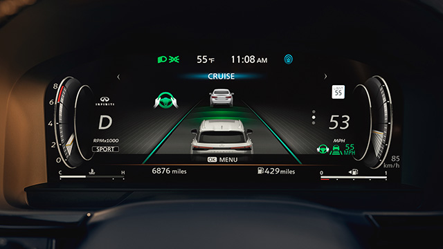 Intelligent Cruise Control display in an INFINITI car, showcasing adaptive speed and distance management