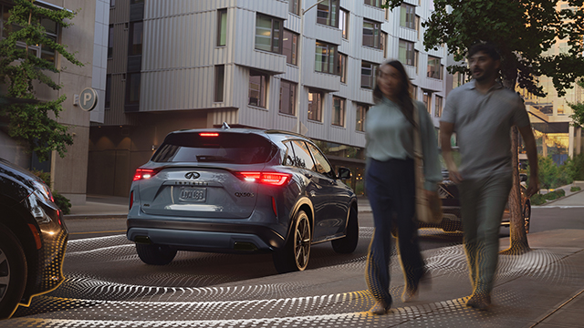 INFINITI car equipped with Rear Cross Traffic Alert and Rear Automatic Braking to ensure safety while reversing