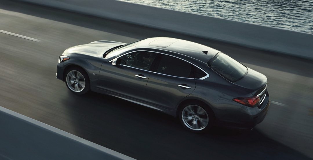 Overhead view of INFINITI Q70 luxury sport sedan driving across bridge