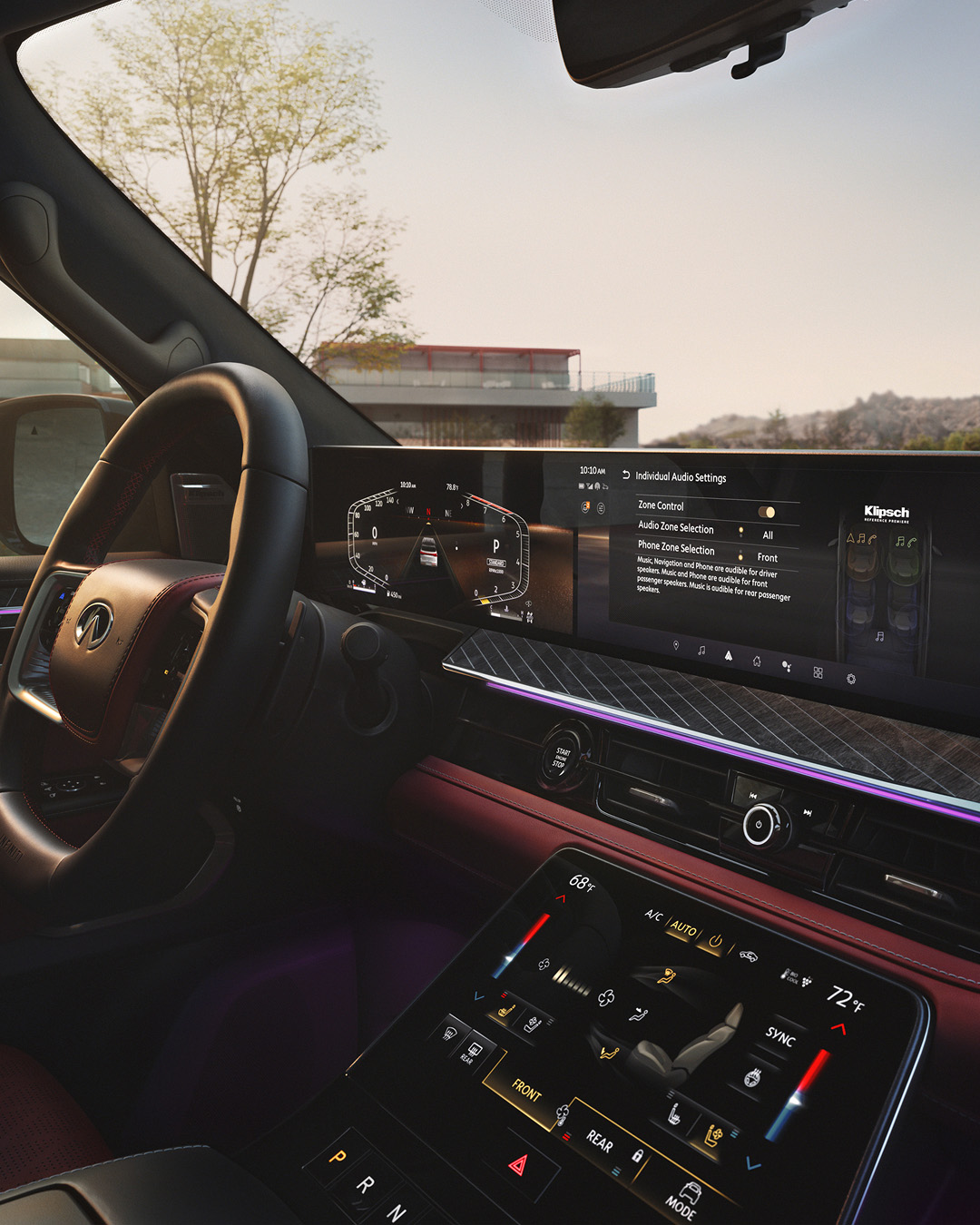 2026 INFINITI QX80 dashboard with INFINITI InTouch 14.3-inch touchscreen infotainment system