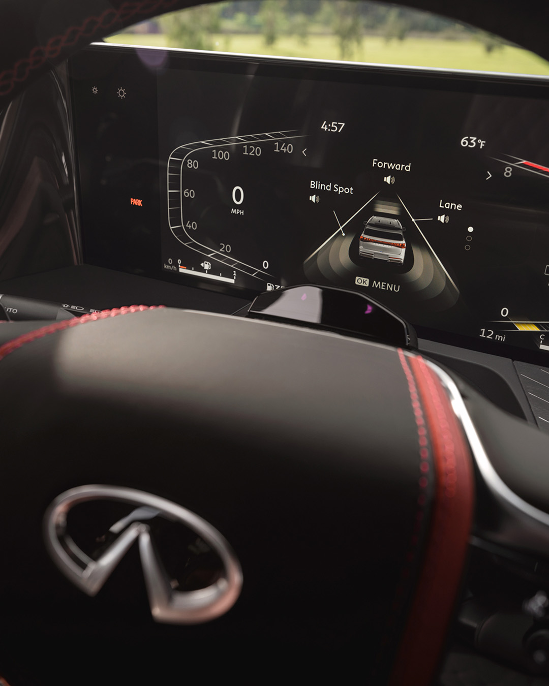 2026 INFINITI QX80 dashboard displaying Predictive Forward Collision Warning system